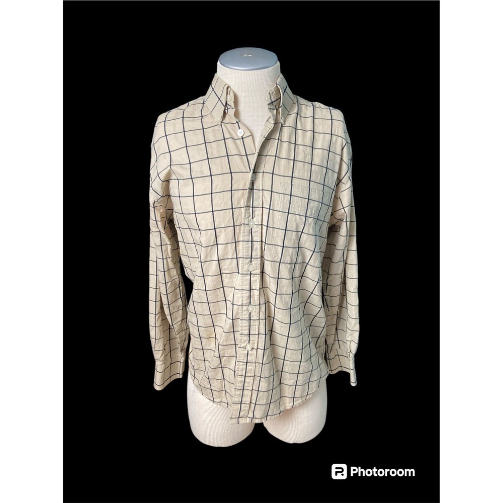 Alan Flusser Mens Small Tan Black Windowpane Plaid Long Sleeve Button Up Shirt